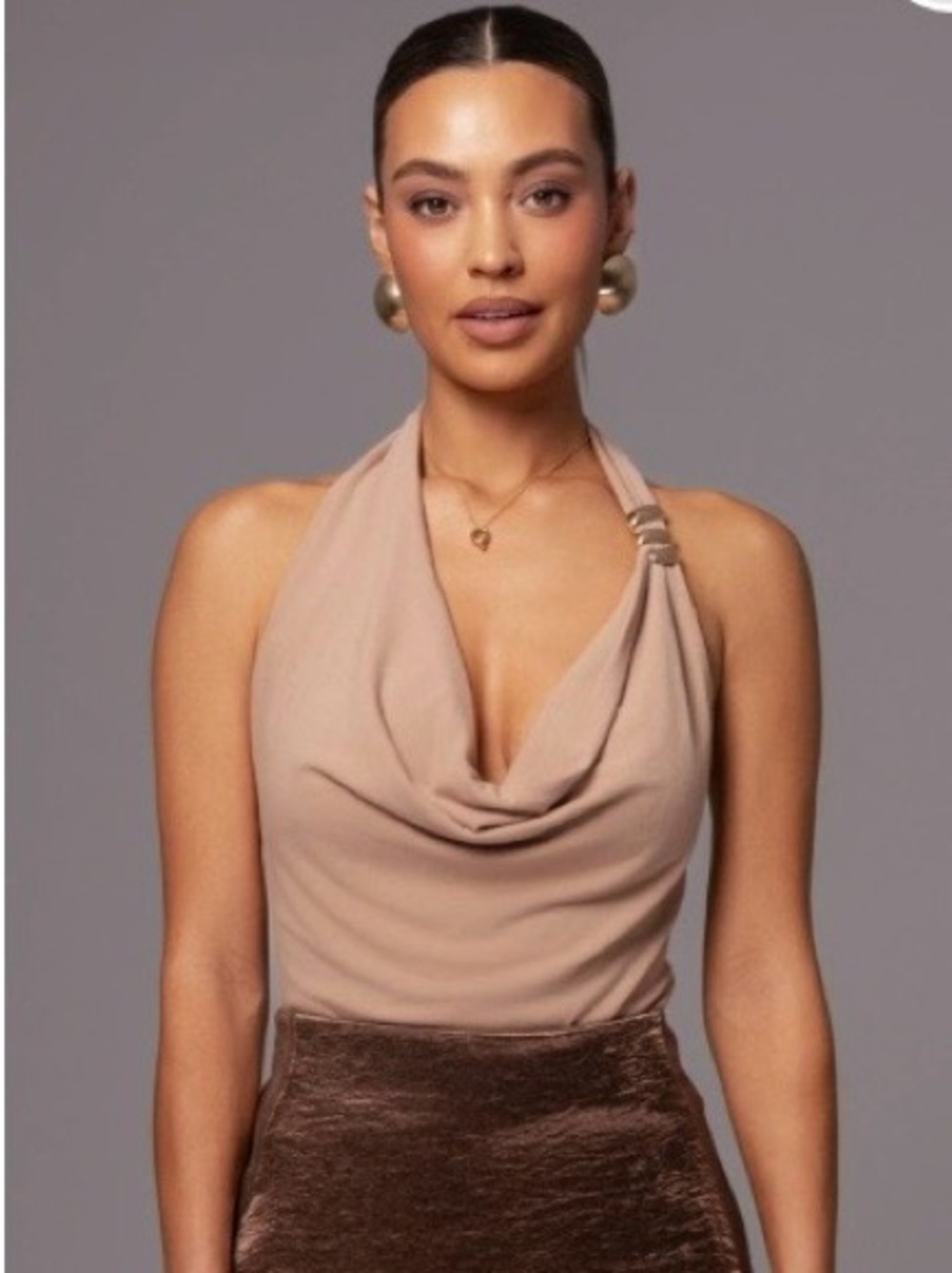 JLUXLABEL Beige Cowl Halter Camisole with Chain Detail